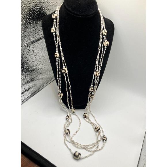 Black and White Pattern Beads & Seed Beads 4 Strand 33 3/8 Inch Necklace! - Picture 3 of 8